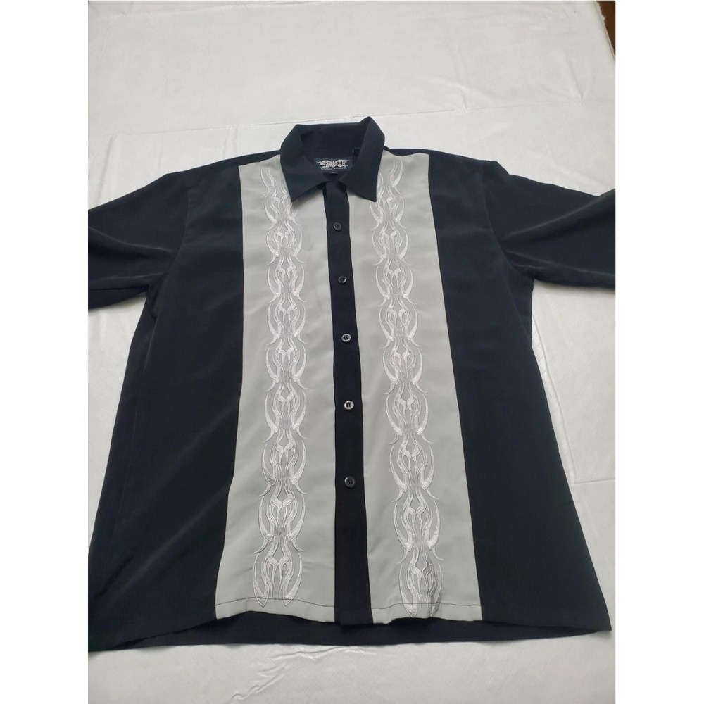 Dragonfly Shirt Mens Large Black Gray Tribal Embroidered Button Up Bowling Biker